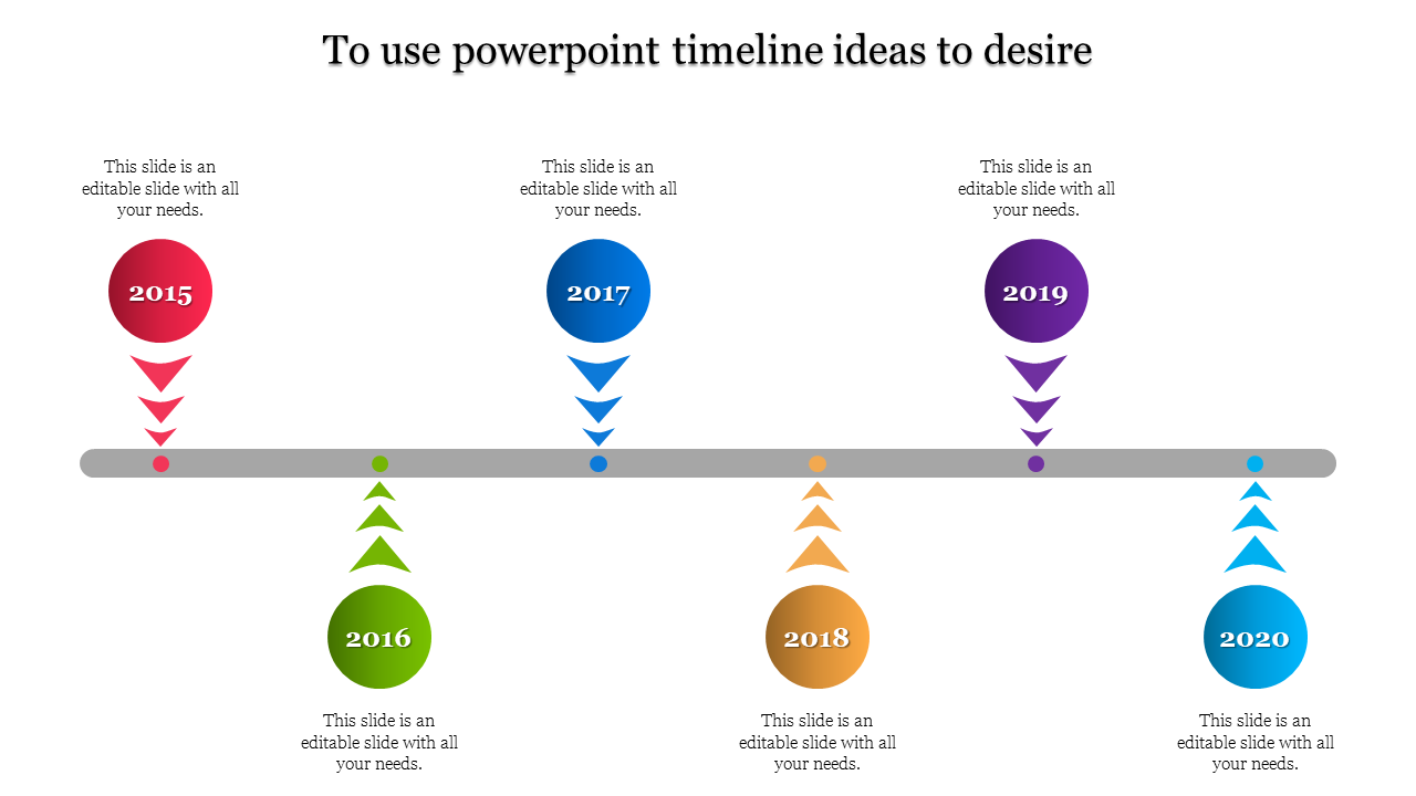 Timeline template from 2015 to 2020, featuring colour coded arrows to indicate events or milestones with placeholder text.