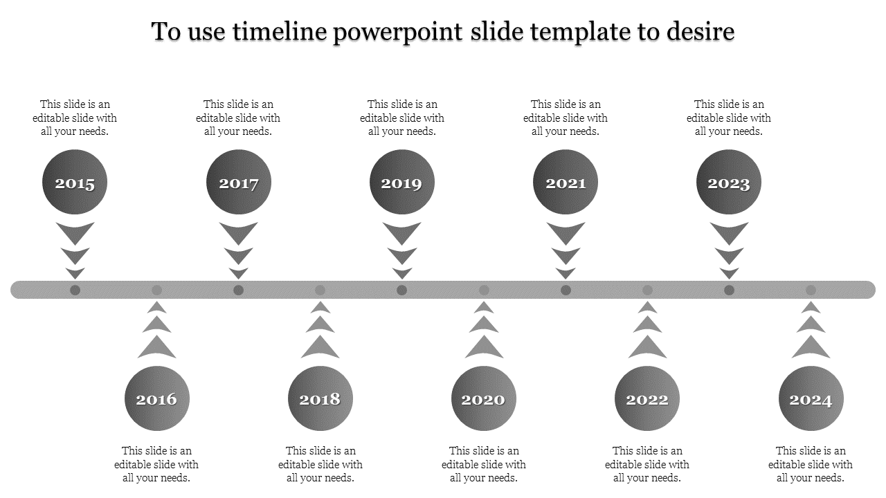 A minimalist timeline slide displaying key years from 2015 to 2024, with placeholders for additional details.