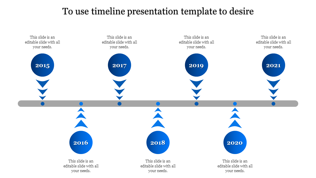 Blue themed timeline slide featuring years 2015 to 2021 with captions for each.