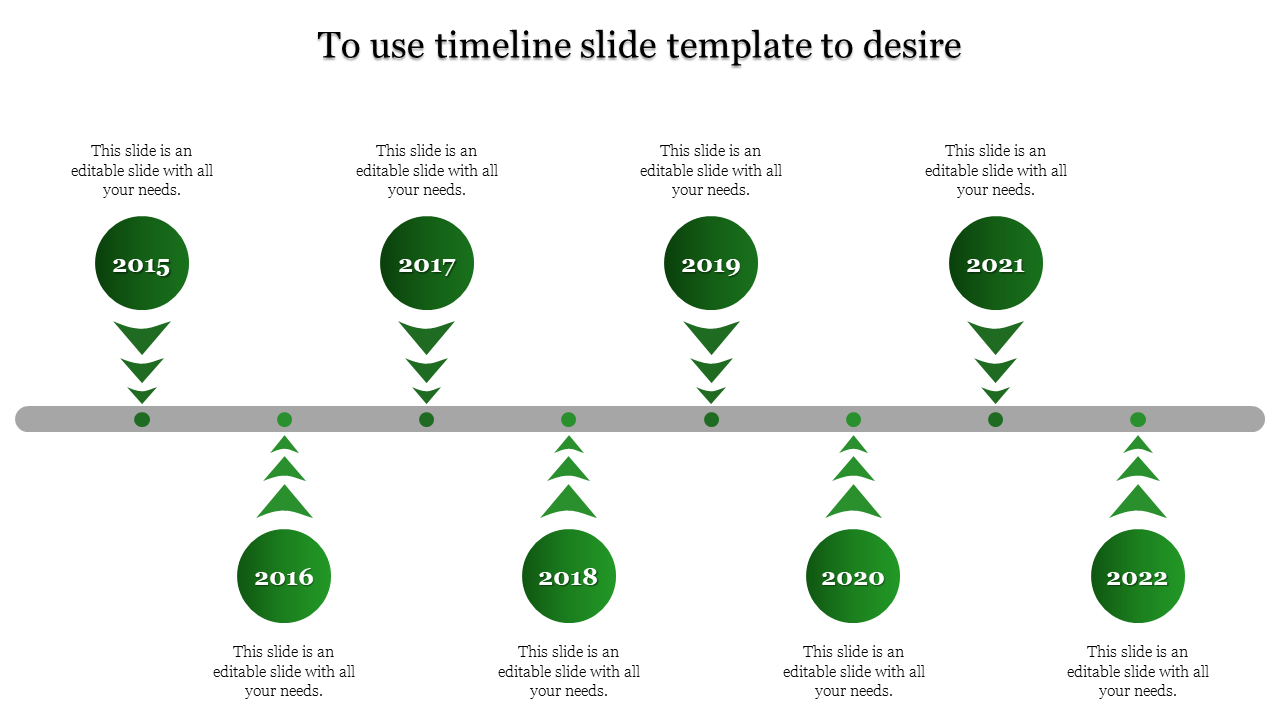 Timeline PPT slide with green circular markers for years 2015 to 2022, connected by a gray horizontal line with text area.