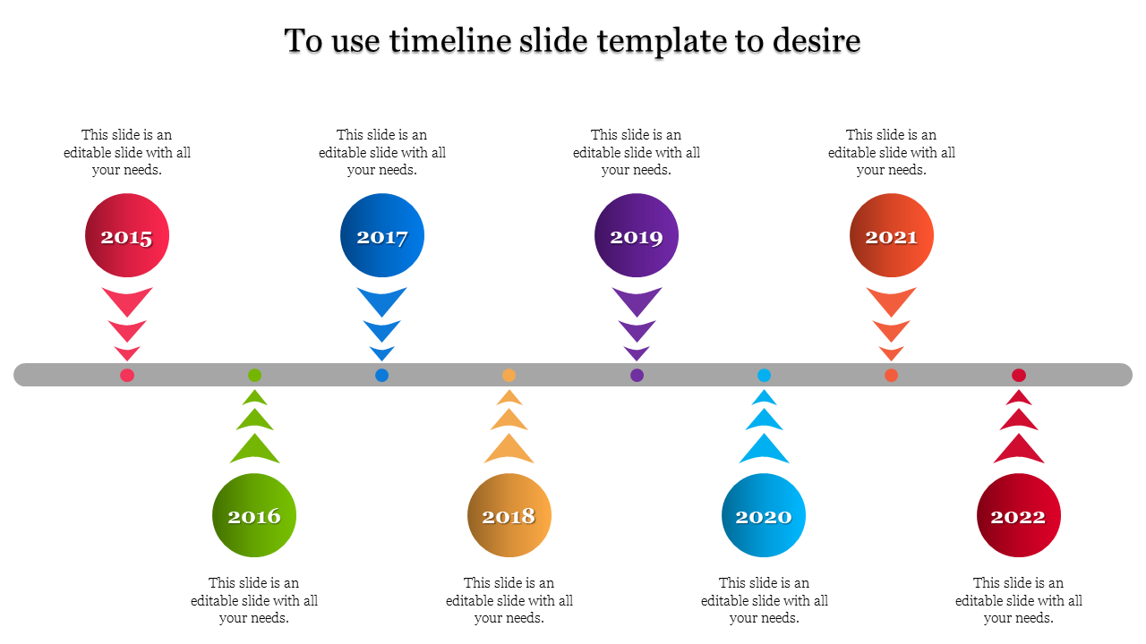 Timeline with eight colorful circles on either sides of a central gray line, each representing years from 2015 to 2022.