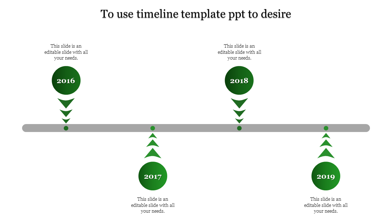 Gray timeline with four green circles representing years 2016 to 2019, with arrows leading to each milestone.