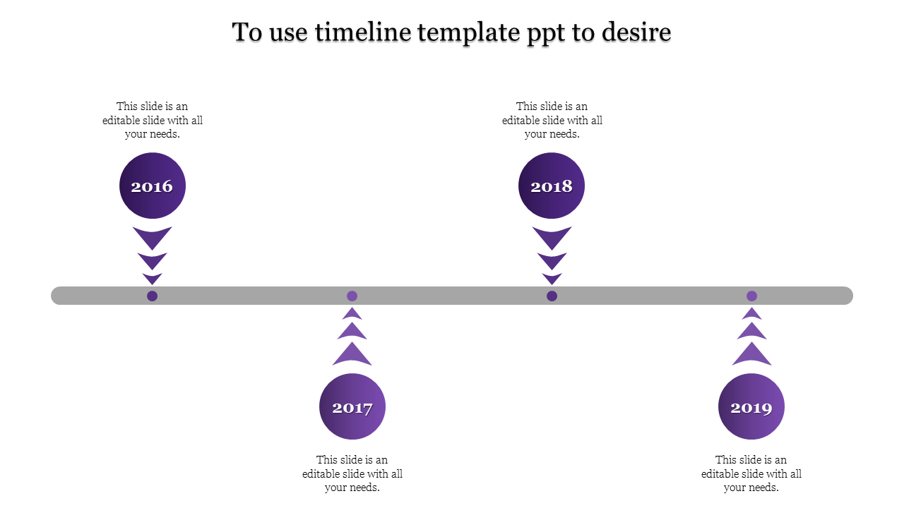 Slide showing a linear gray timeline with four circular purple milestones from 2016  to 2019, each marked with captions.