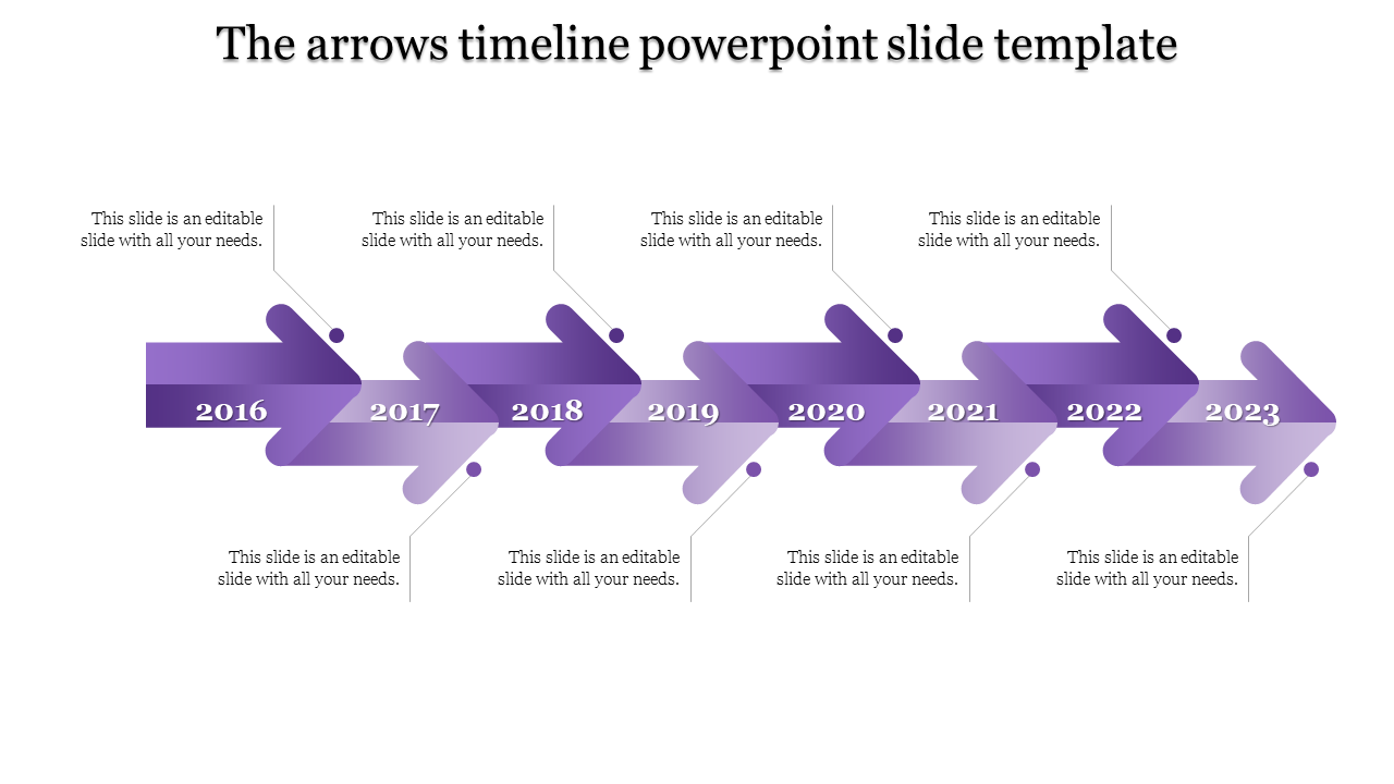 Timeline PowerPoint template with purple gradient arrows from 2016 to 2023 with placeholder text.