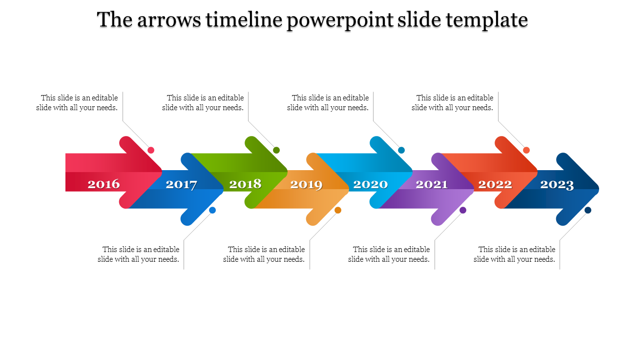 Timeline PPT slide with colorful arrows representing the years 2016 to 2023 with placeholder text.