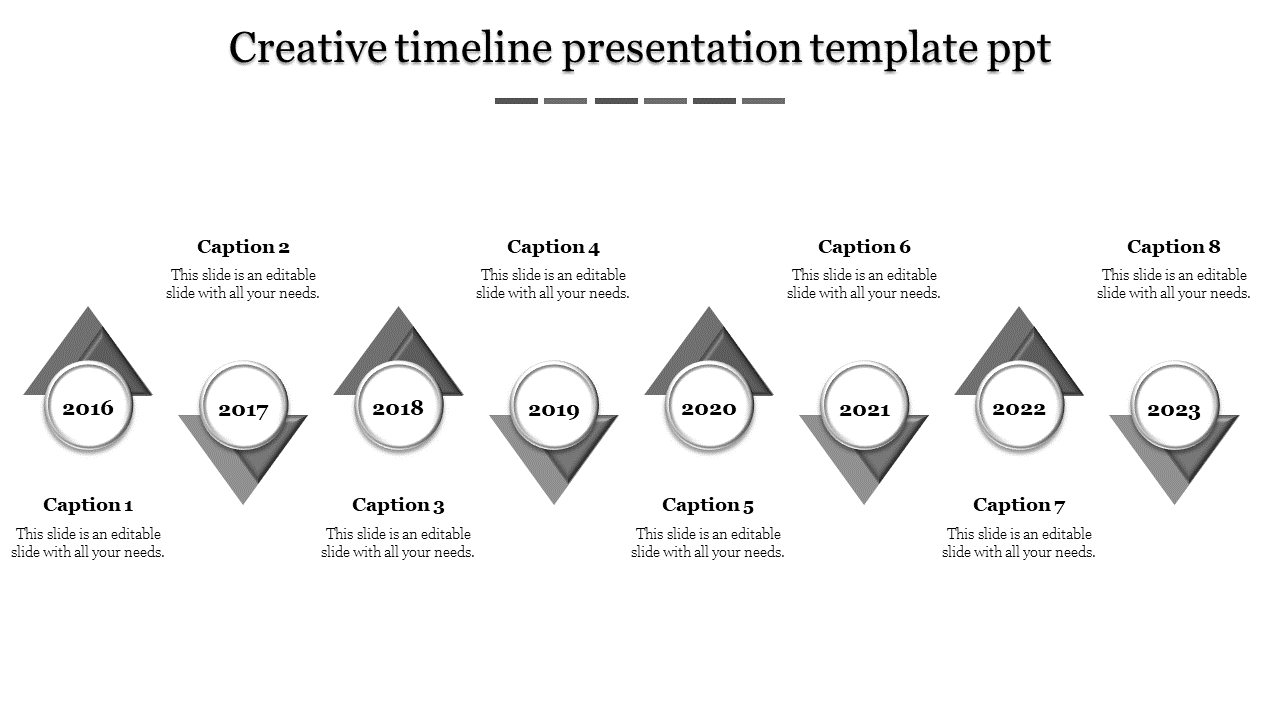 Timeline with a geometric layout, featuring eight milestone is represented by a gray triangle and a white circular label.