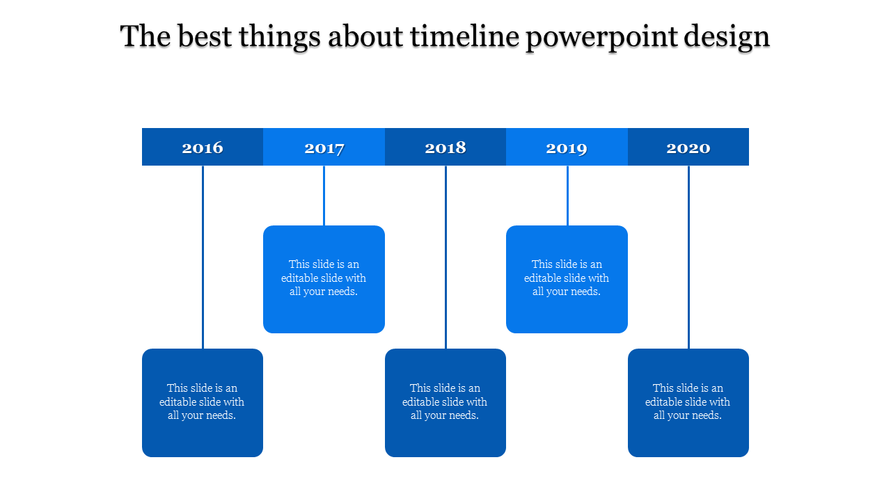 Timeline design slide showcasing milestones from 2016 to 2020 with blue labeled boxes.