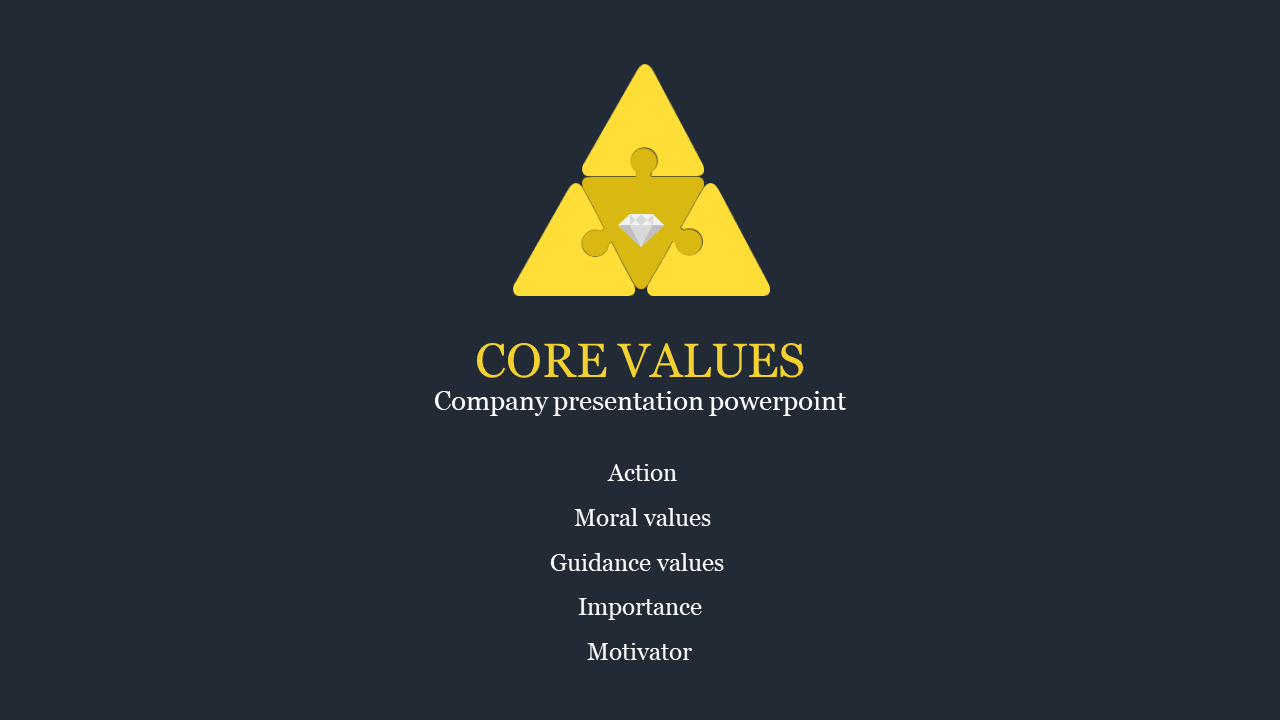 Dark themed slide featuring a yellow triangular puzzle graphic, with core title, and company values listed below.