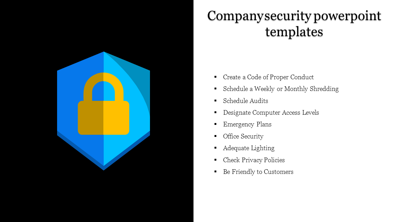 Company security PowerPoint slide with a shield and lock icon on the left and a list of security tips on the right.