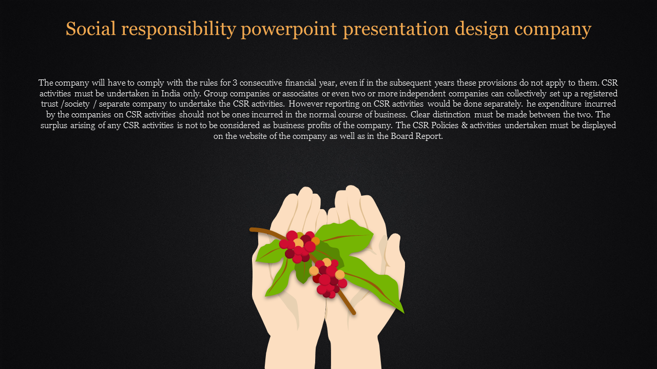 Dark themed slide with yellow title, white text, and an illustration of hands holding green leaves and red berries.