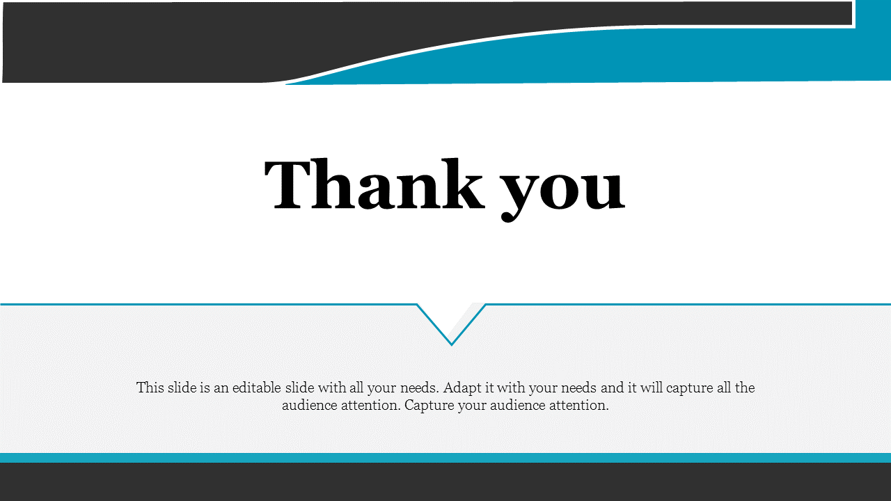 White slide with centered thank you text, featuring blue and black accents at the top and bottom for a professional look.