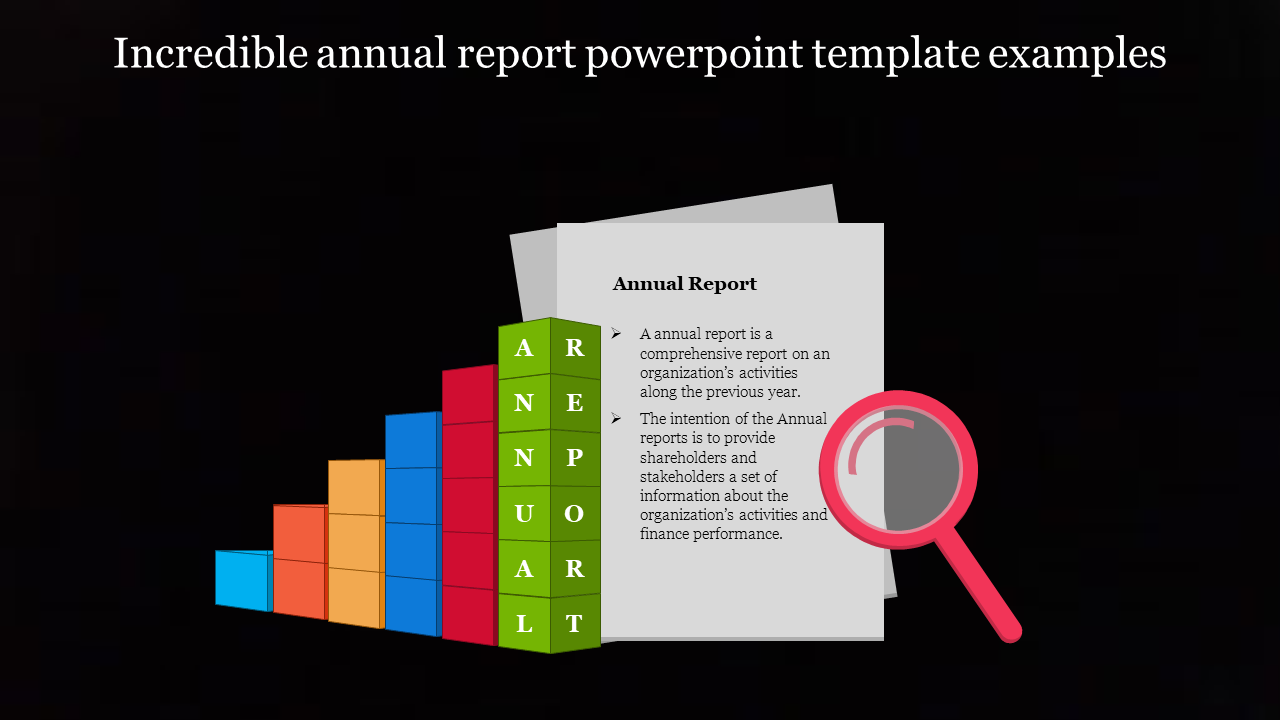 Graphic displaying annual report sheets, a colorful bar chart, green blocks and a pink magnifying glass.