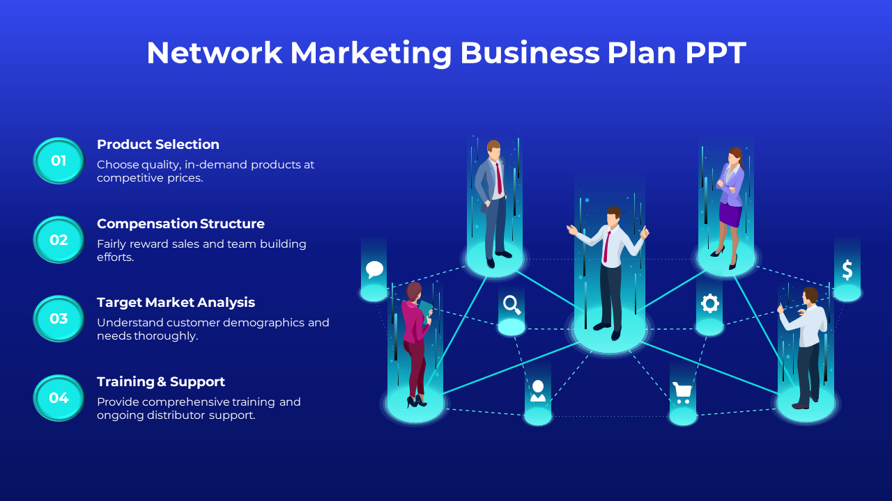 Network marketing business plan slide showcasing key components on a blue theme.