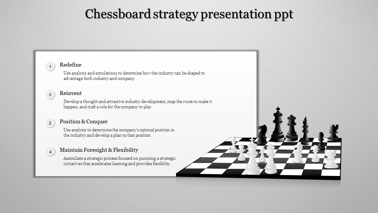 Four step strategy list with numbered circles, alongside a 3D chessboard with pieces, on a light background.