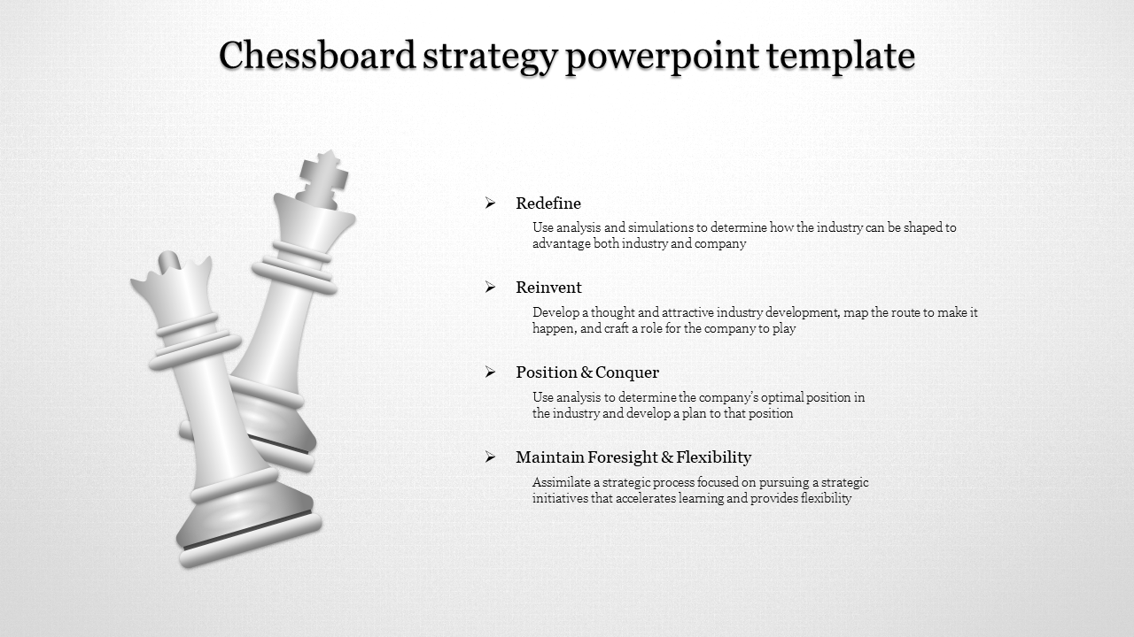 Chess themed strategy slide with two white chess pieces on the left and four business planning principles on the right.