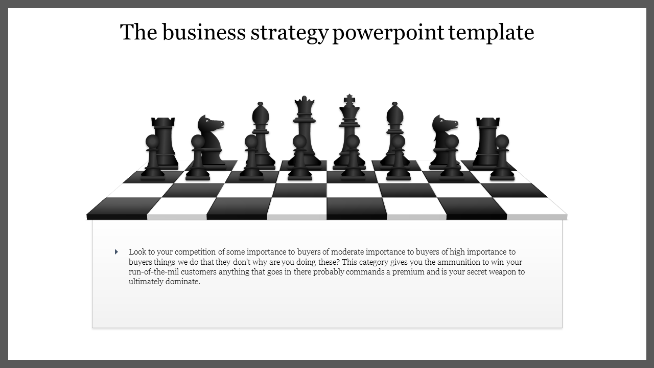 Chess pieces on a board in a business strategy PowerPoint slide, representing competitive analysis and planning.