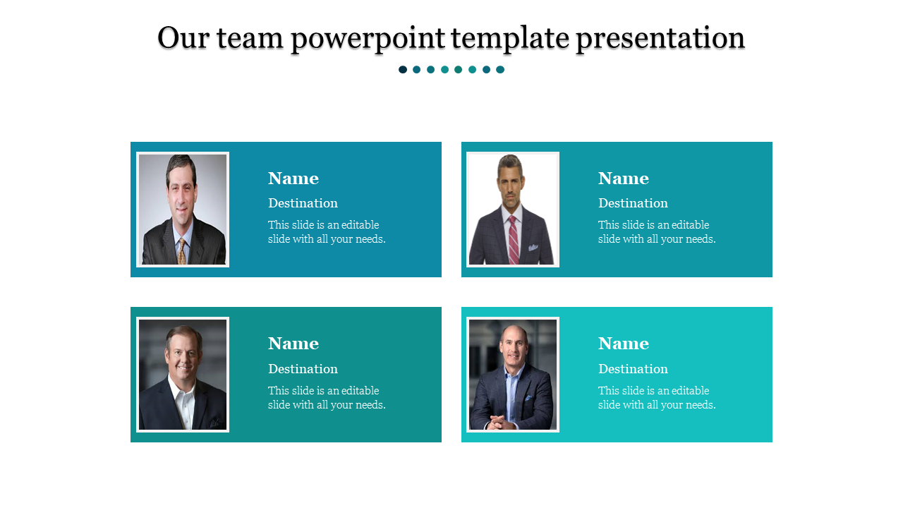 Team member profile template with placeholders for names, titles, and photos in a clean layout.