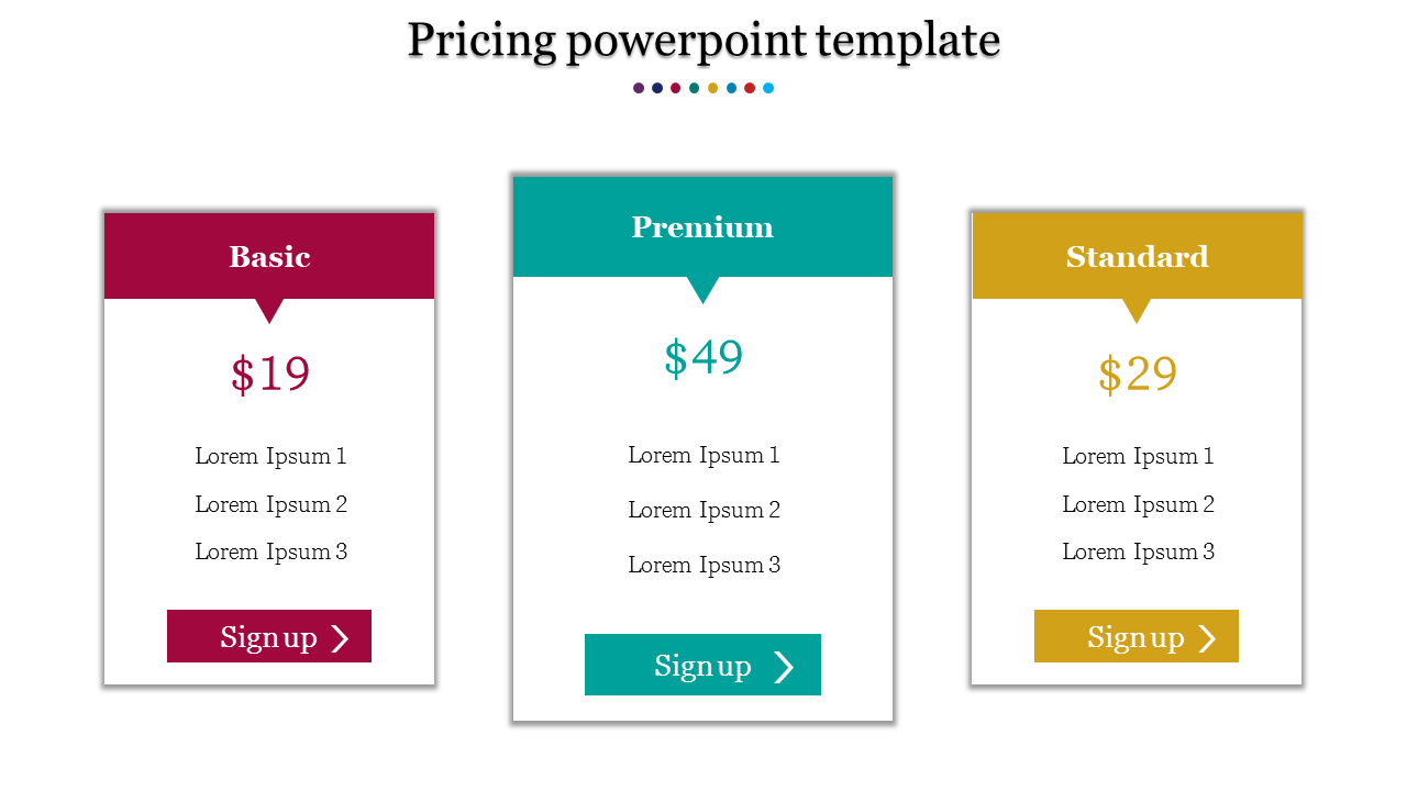 Pricing template featuring three labeled columns in red, green, and yellow, each with a price and description.