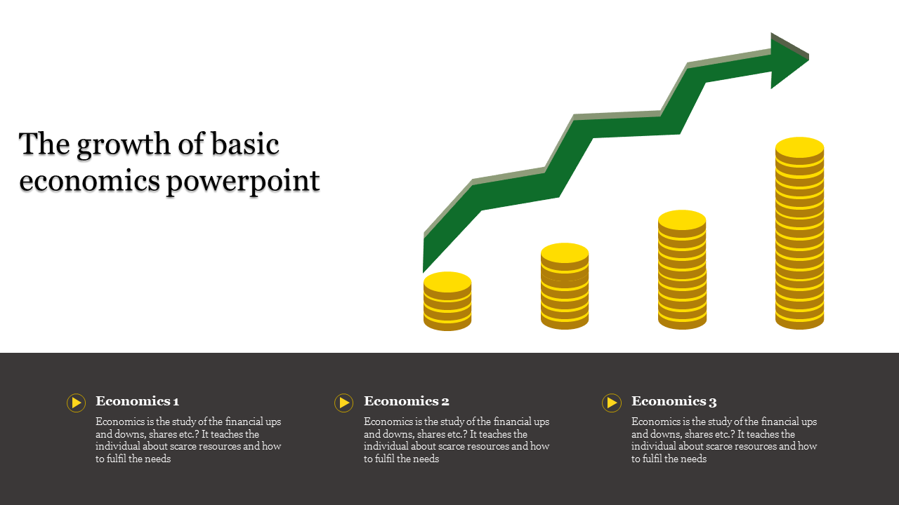 Illustration of economic growth with increasing stacks of gold coins and a rising green arrow above three labeled text areas.