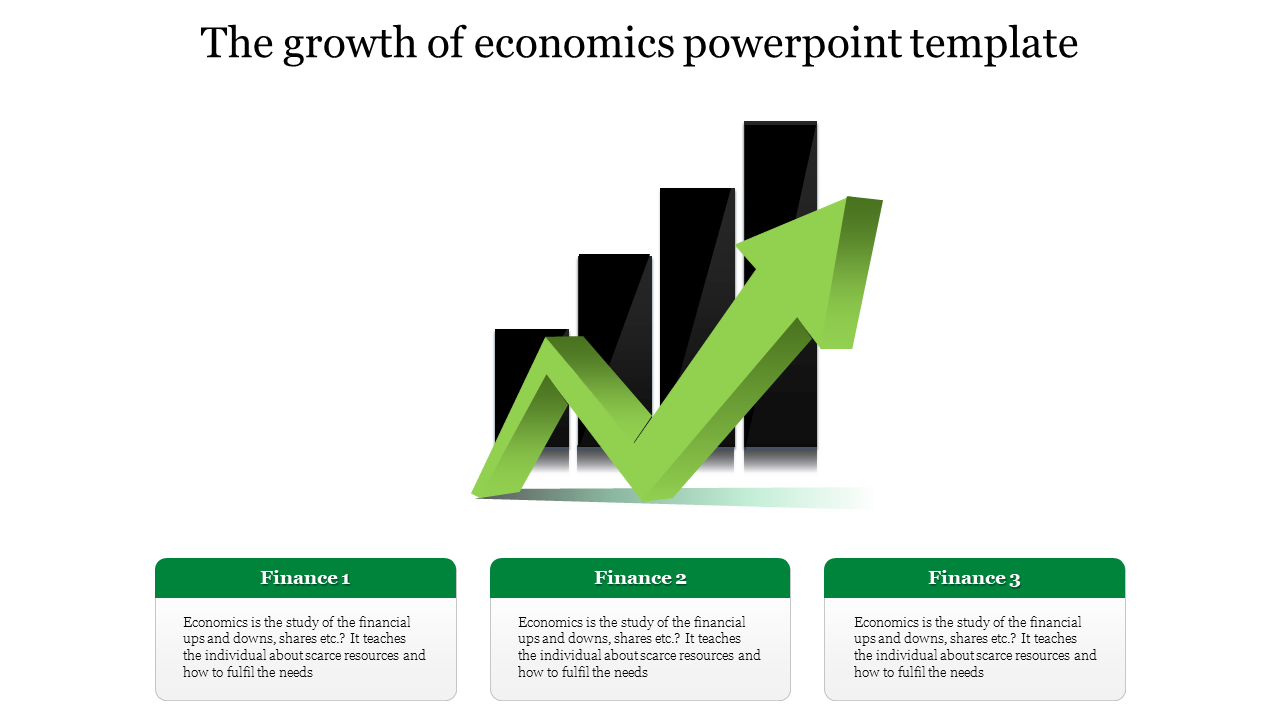 Slide featuring green arrow pointing upward over a bar graph, symbolizing economic growth, with finance-related text boxes.