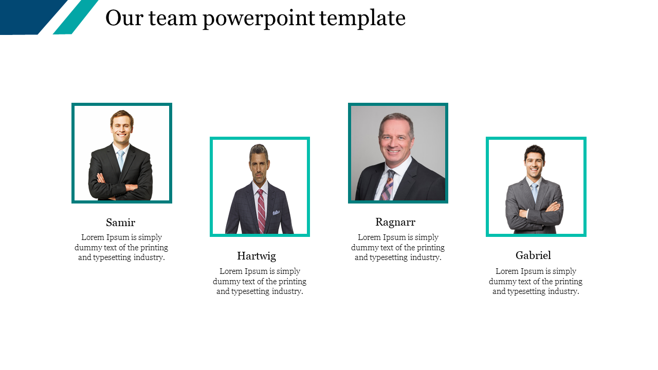 Team introduction slide with four professional headshots, each framed in teal, featuring names and descriptions.