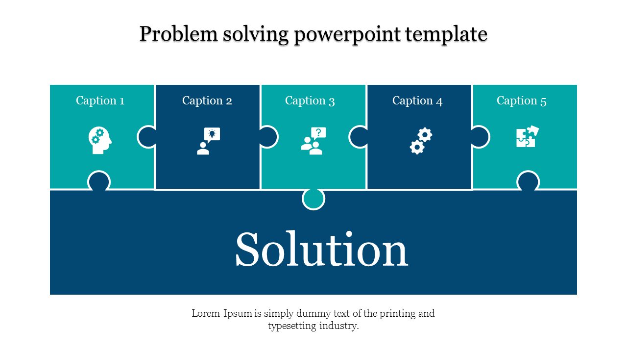 Horizontal puzzle design with five segments displaying icons and captions linked to a solution area.