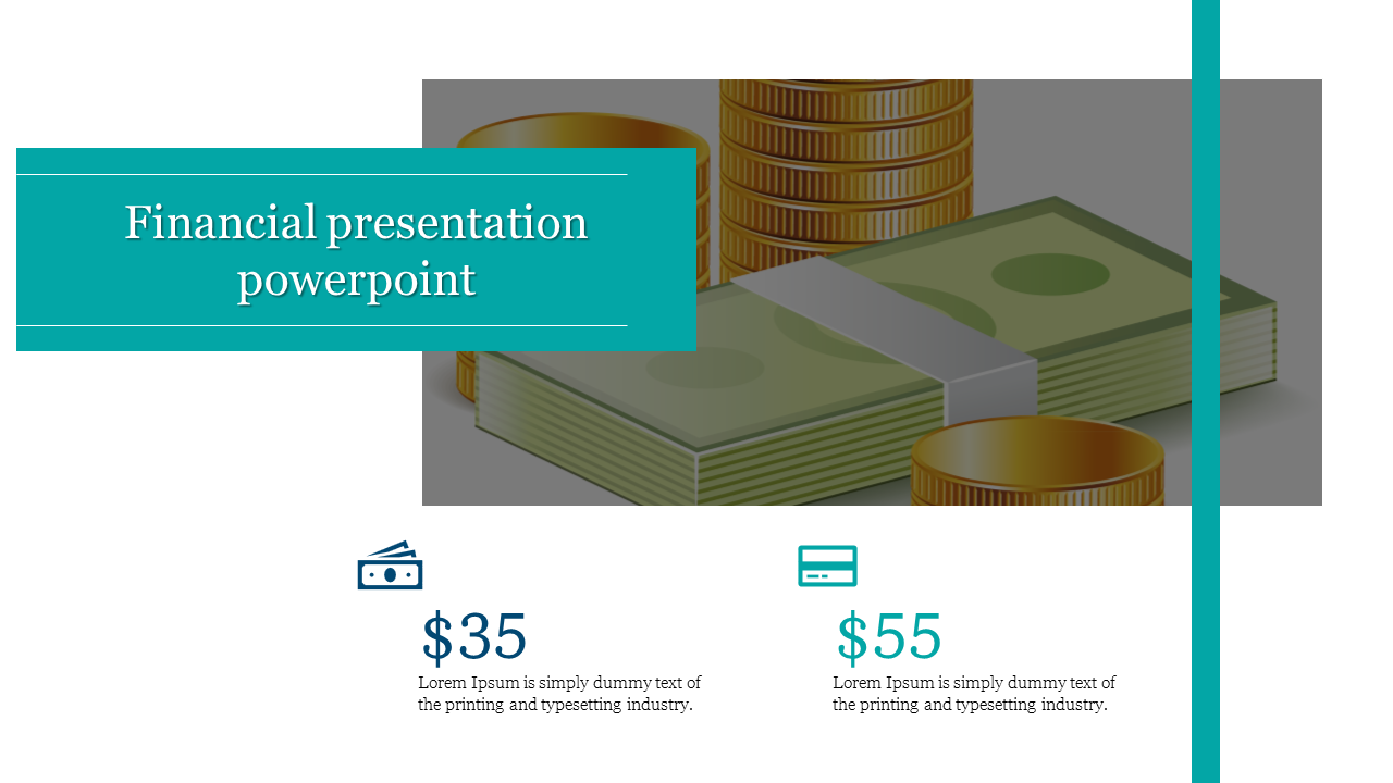 PowerPoint slide design for financial presentations with images of currency and pricing information.