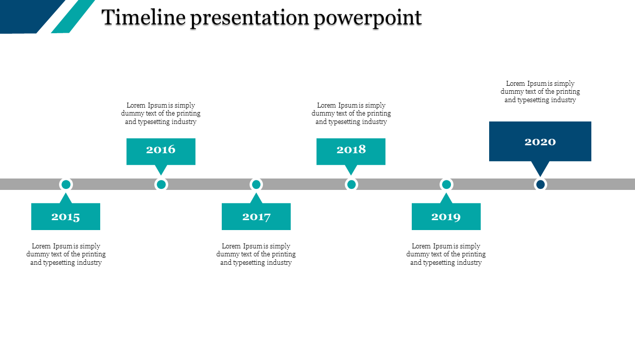 Timeline template featuring six teal and blue milestone labels positioned above and below a central gray axis.