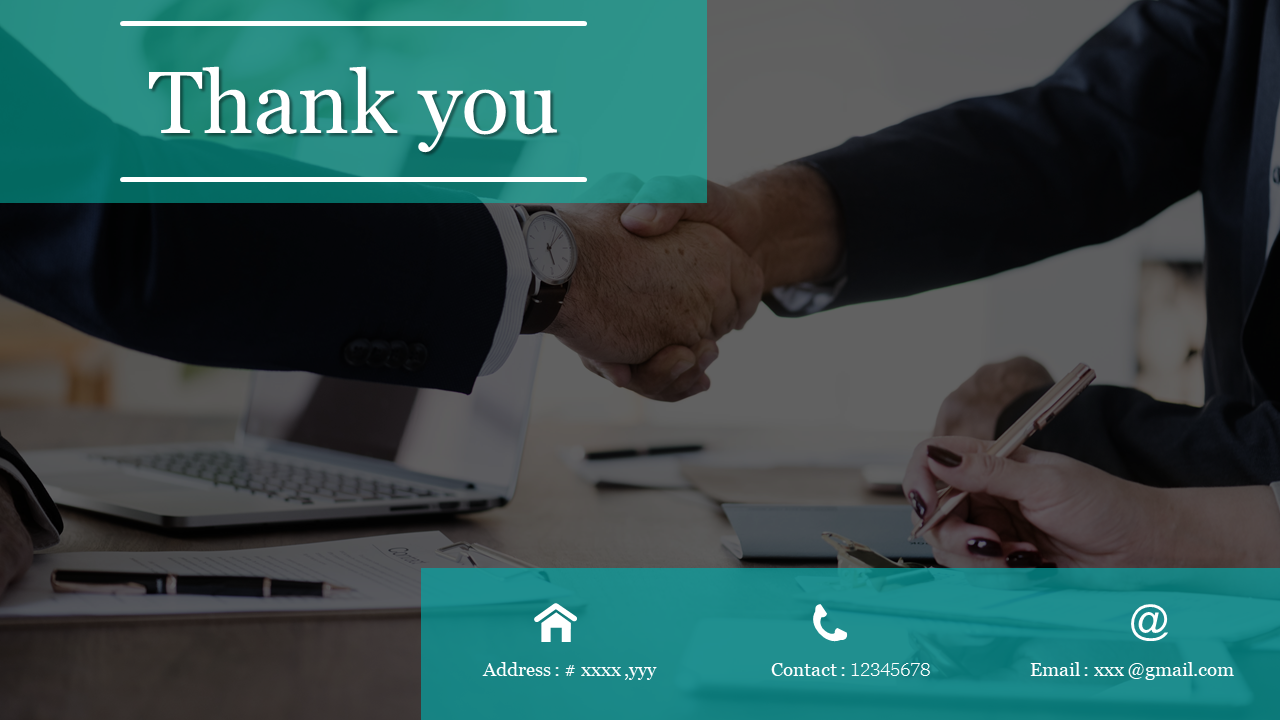 Business-themed thank you slide with handshake background and text overlay for contact details.