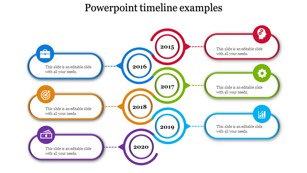 Timeline slide with six colorful circles representing years 2015 to 2020, each connected to text boxes with rounded edges.