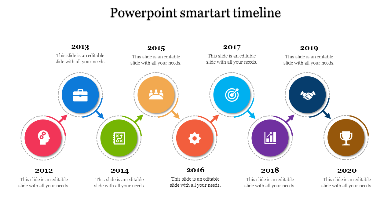 Illustrated timeline with key years from 2012 to 2020, each highlighted with a distinct icons in a colored circle and text.