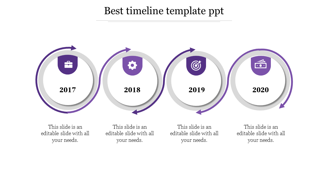 Sequence of four circular icons in purple and gray, connected by arrows, representing years 2017 to 2020.