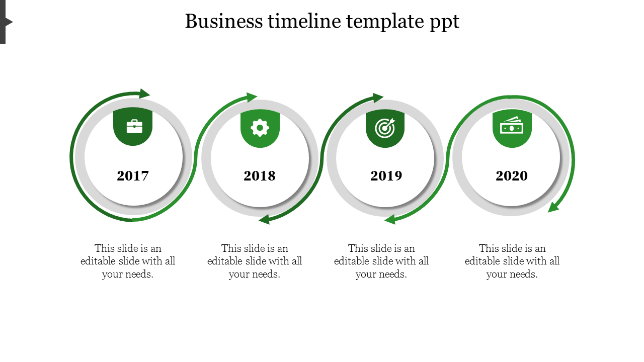 Business timeline PowerPoint template with four green circular shapes from 2017 to 2020, each featuring an icon.