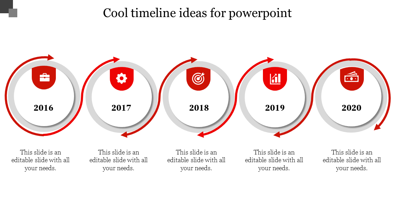 Cool timeline ideas slide displaying a chronological timeline from 2016 to 2020 with circular markers for each year.