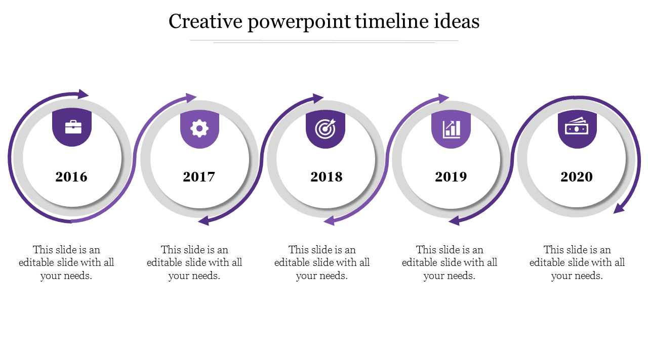 Timeline with five circular icons for years 2016 to 2020, in purple accents, each with captions below.