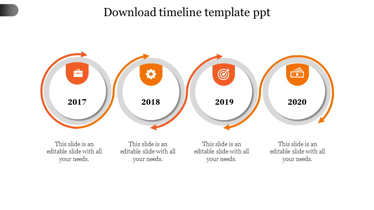 Business timeline PowerPoint template with four orange circular shapes from 2017 to 2020, each featuring an icon.