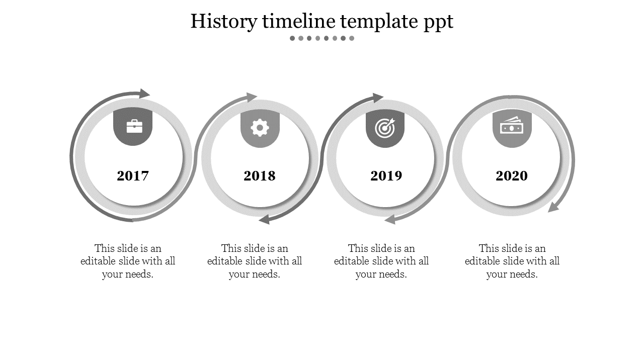 History timeline  slide with four chronological steps for 2017 to 2020, each represented by a circle, number, and an icon.