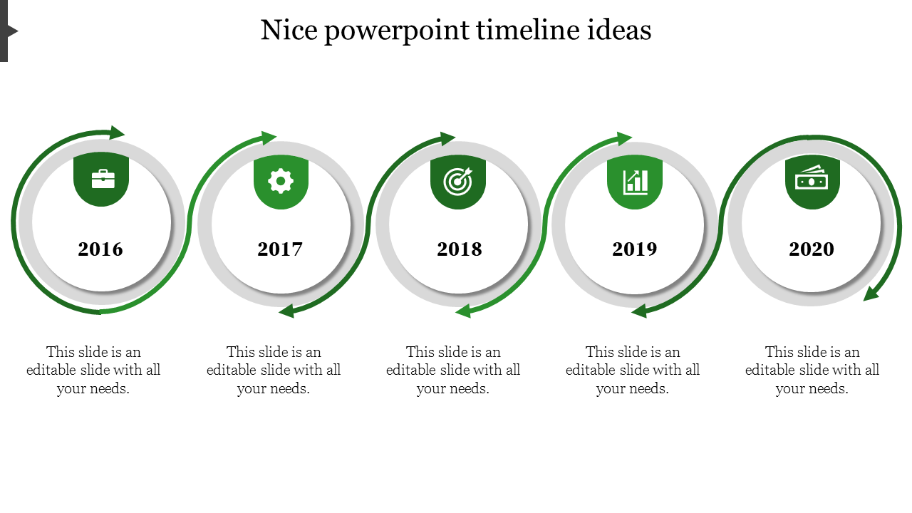 Slide showing a timeline from 2016 to 2020 with green circular icons, each linked by arrows and captions below.