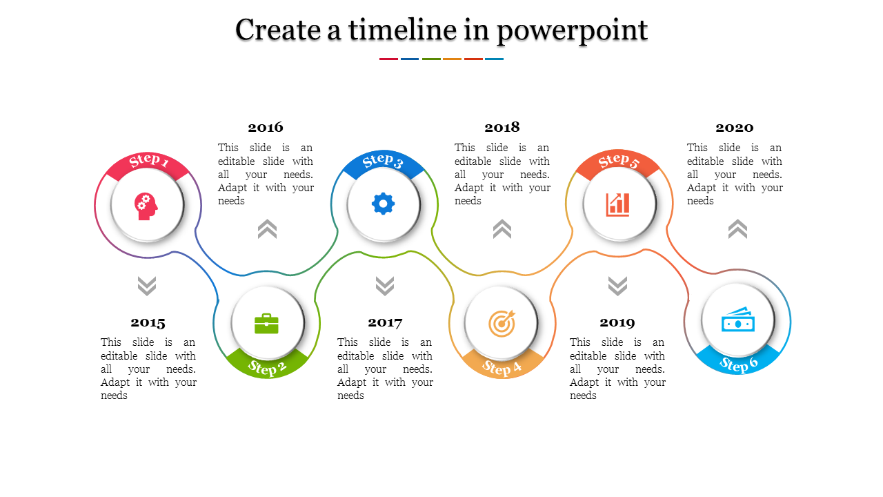 Colorful timeline slide featuring six circular interconnected steps with icons, captions, and years from 2015 to 2020.