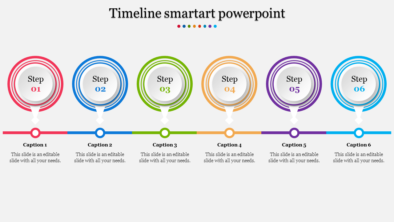 Colorful SmartArt timeline slide with six steps, labeled from 1 to 6, with placeholder text captions.