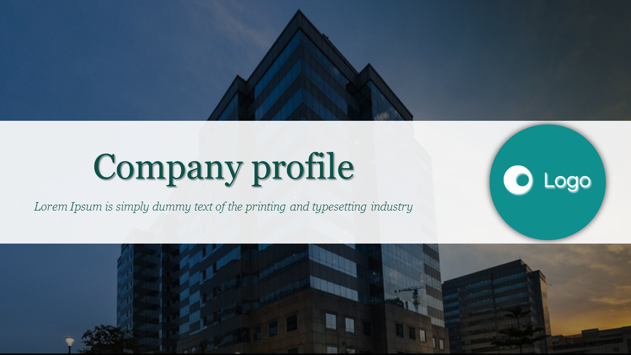 Company profile slide featuring a modern glass building in the background with a white overlay for the title and logo.