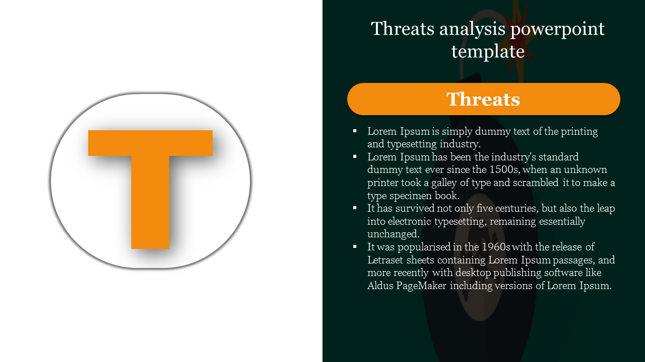 Threats analysis template with an orange letter 't' in a circle and descriptive bullet points aligned on a dark backdrop.