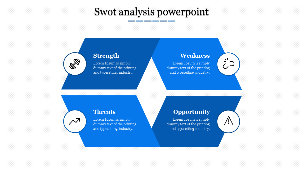 Blue hexagonal SWOT analysis structure with circular icons and text, presented on a dotted white background.