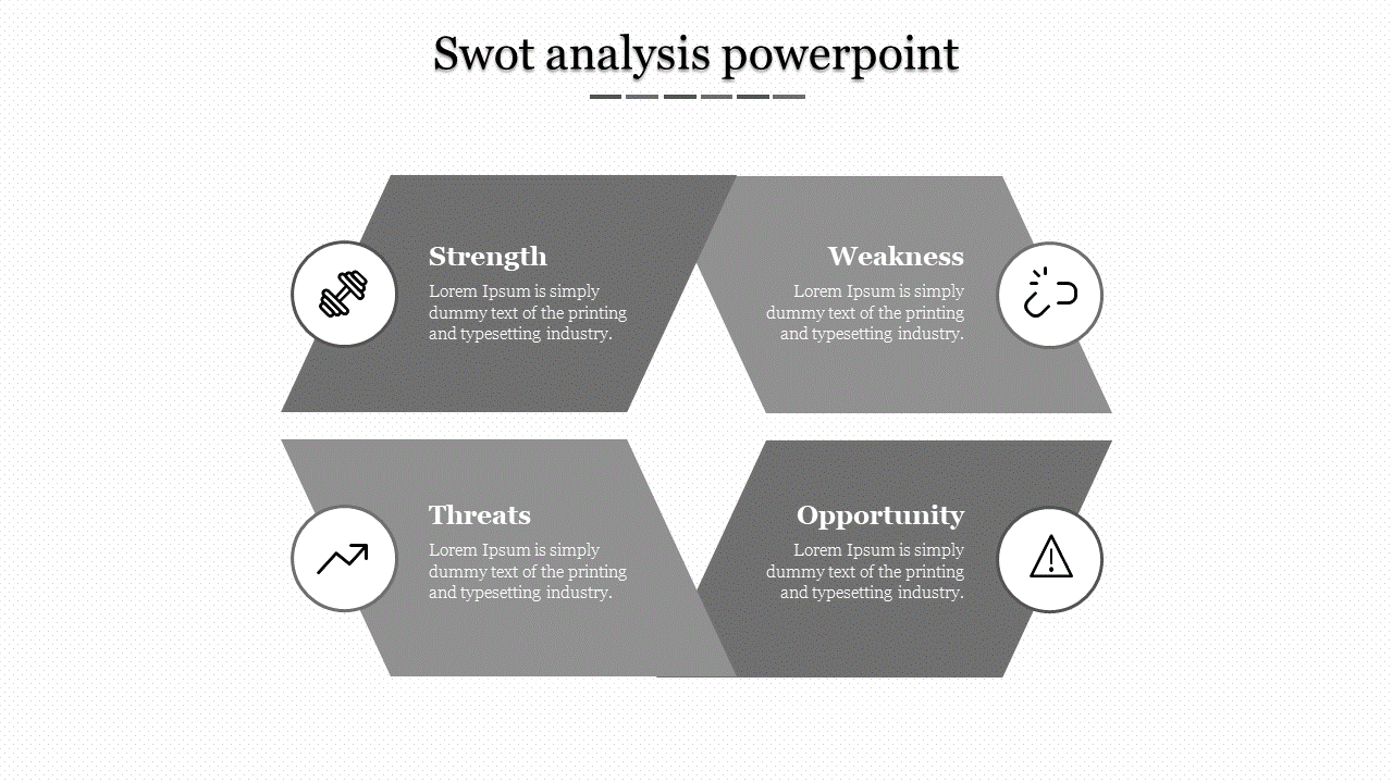 SWOT diagram in gray tones with hexagonal divisions and circular icons representing each category.