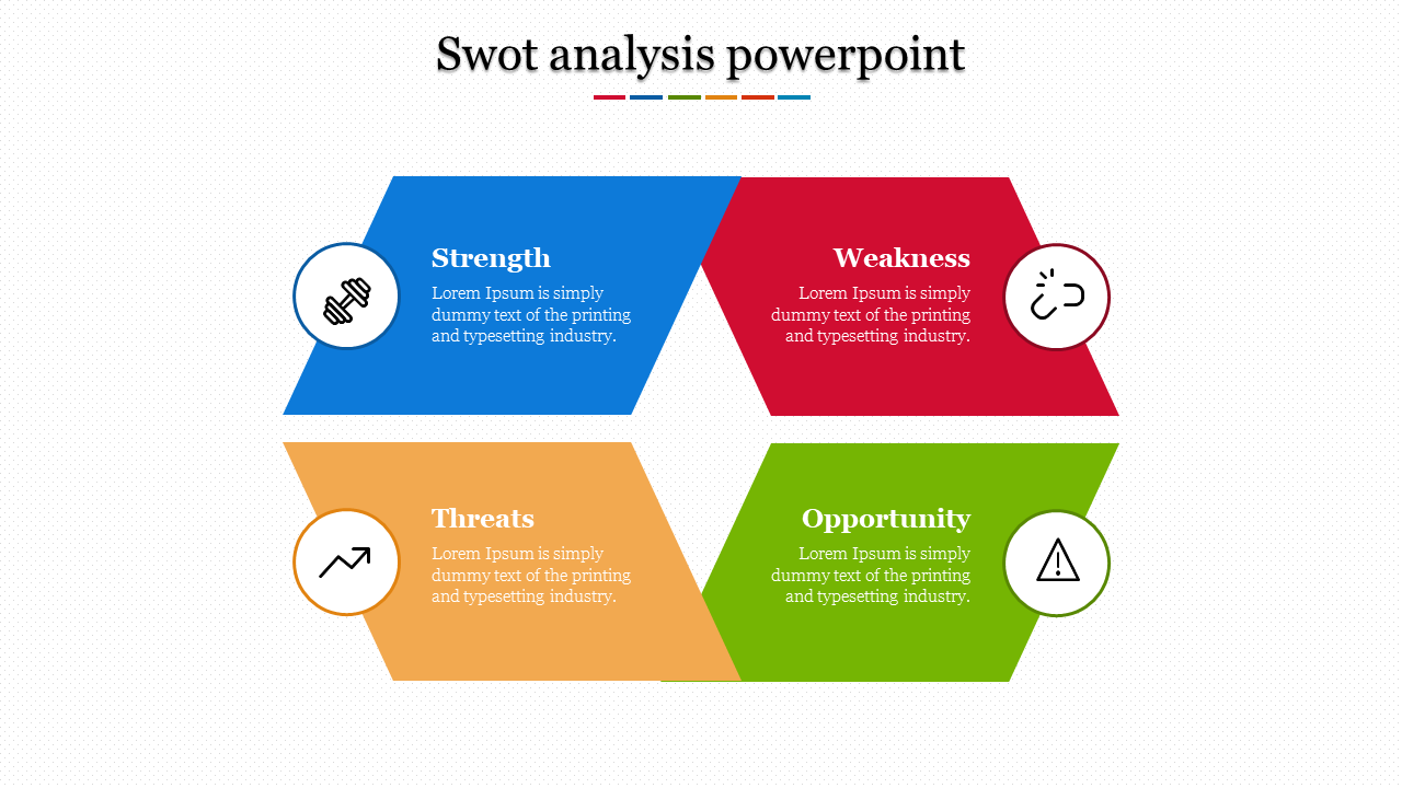 SWOT slide with interconnected tilted squares in blue, red, green, and orange, with icons and descriptive text.