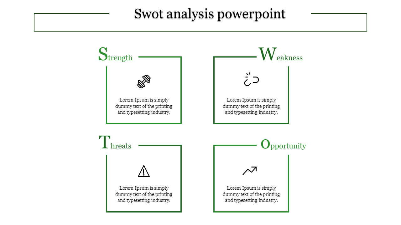 Green themed SWOT analysis slide with outlined squares, featuring bold titles, and centered icons for each category.