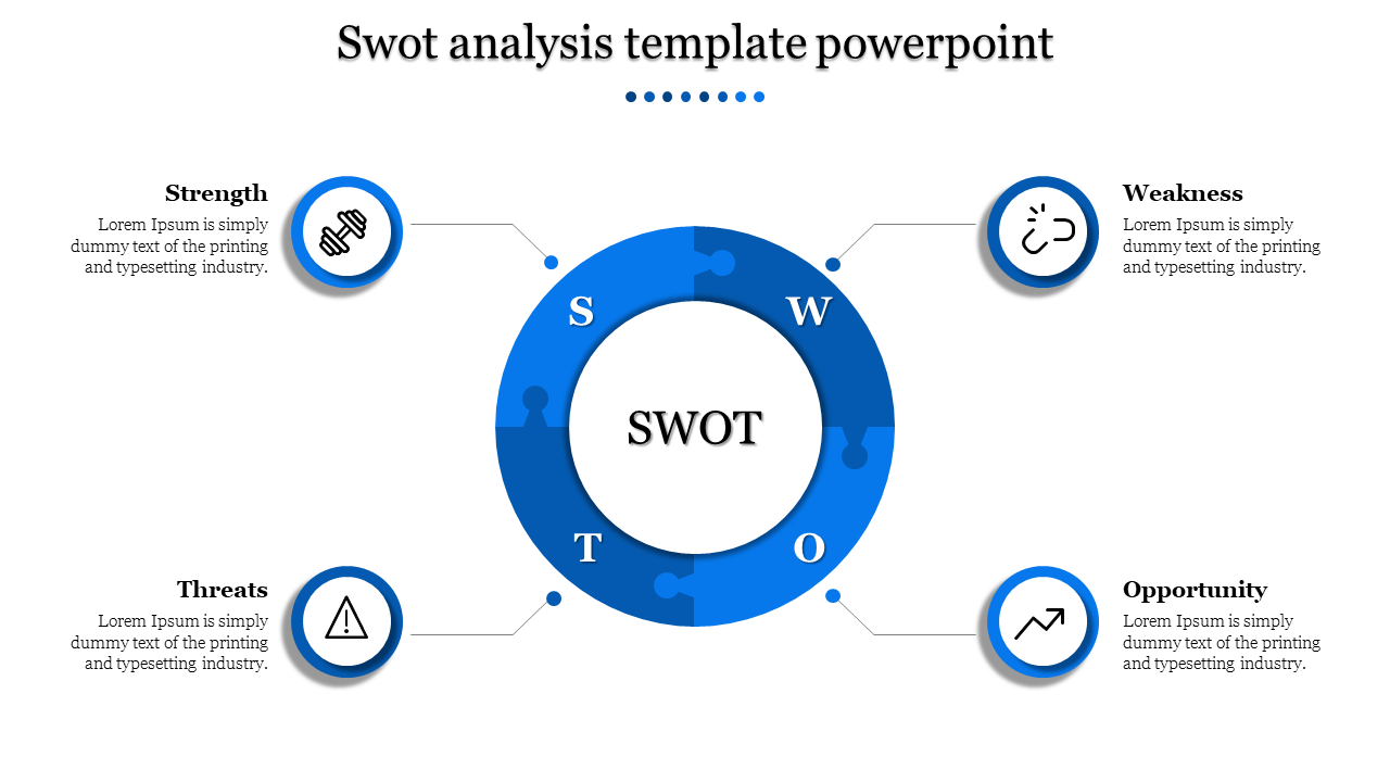 Infographic slide showcasing a SWOT analysis layout highlighting each component with icons and placeholder text.