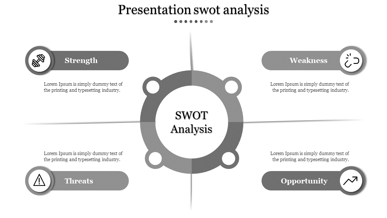 Slide featuring a gray central circle with title, divided into four segments with text boxes, each with icon and text.