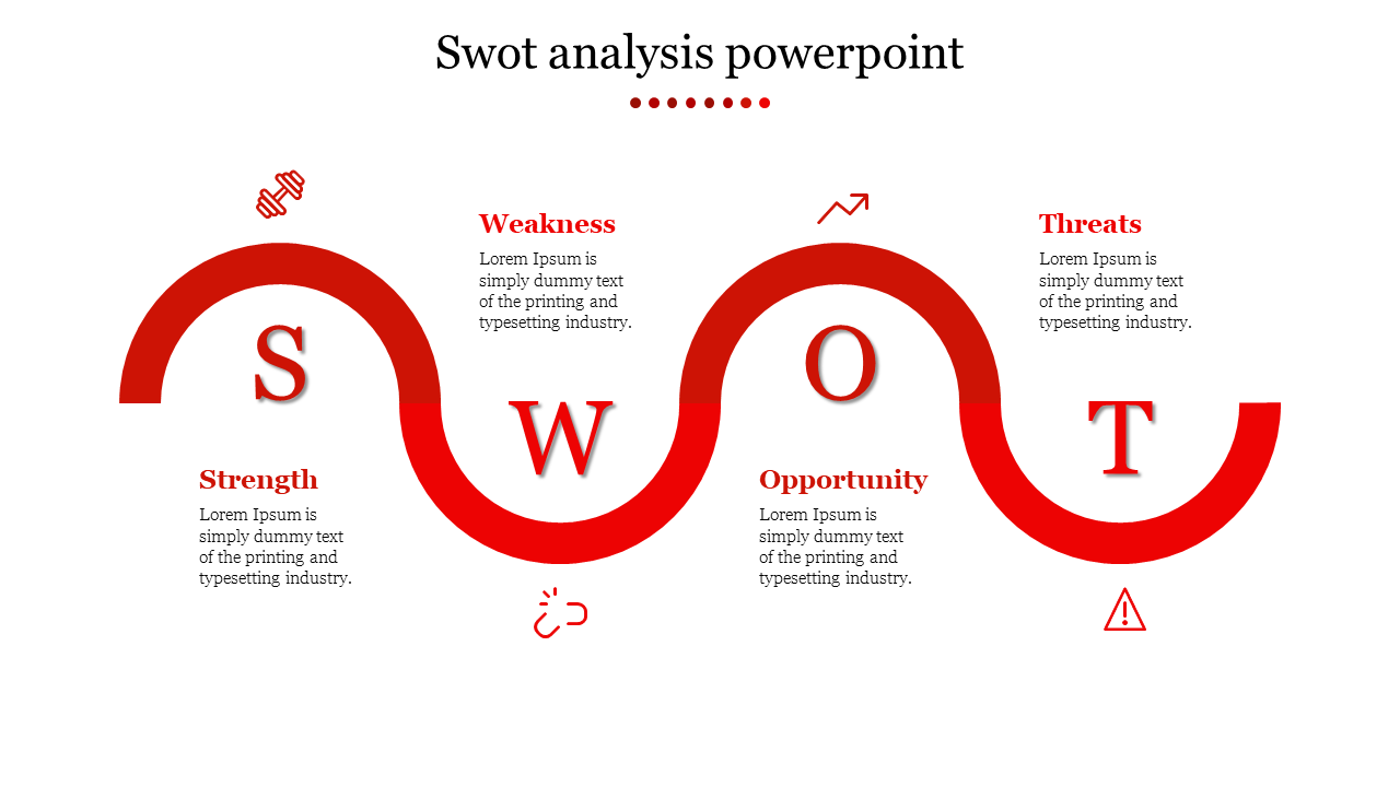 SWOT analysis with wavy red lines connecting each letter, aligned icons and descriptions on both sides.