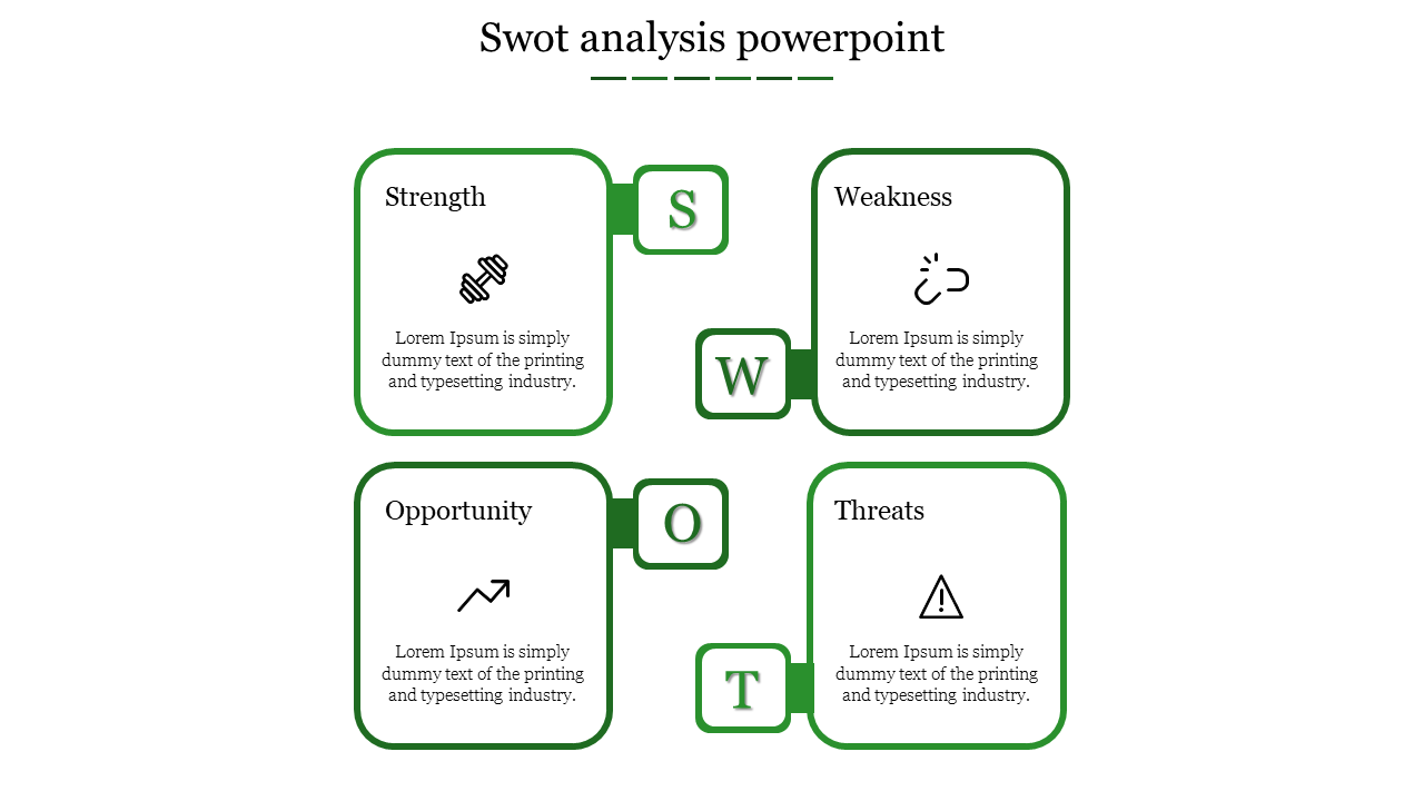 SWOT analysis PowerPoint slide with four green quadrants each containing an icon and placeholder text on a white backdrop.